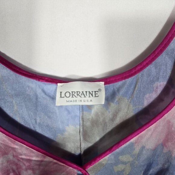 VTG Lorraine Nightgown Housedress SZ XL Blue Floral Short Sleeve V Neck Silky - Picture 3 of 8